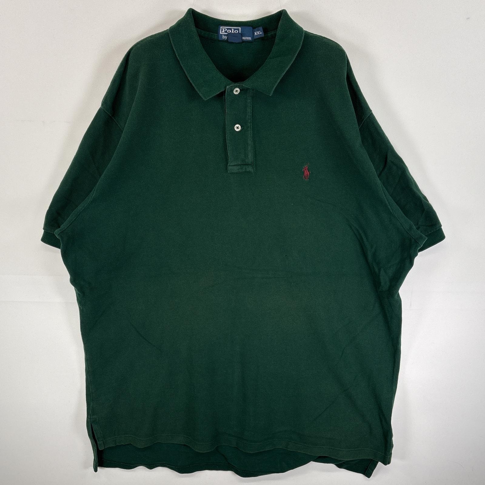 古着 90's/90年代 ポロバイラルフローレン Polo by Ralph Lauren 鹿の子 半袖 ポロシャツ ワンポイント ロゴ 刺繍 2ボタン 大きいサイズ 14041  グリーン 無地 メンズ