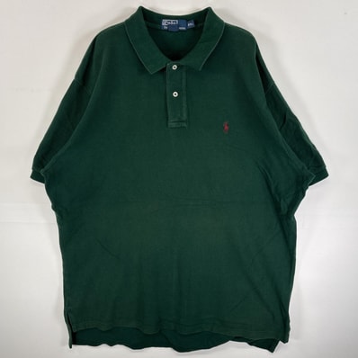 古着 90's/90年代 ポロバイラルフローレン Polo by Ralph Lauren 鹿の子 半袖 ポロシャツ ワンポイント ロゴ 刺繍 2ボタン 大きいサイズ 14041 グリーン 無地 メンズ