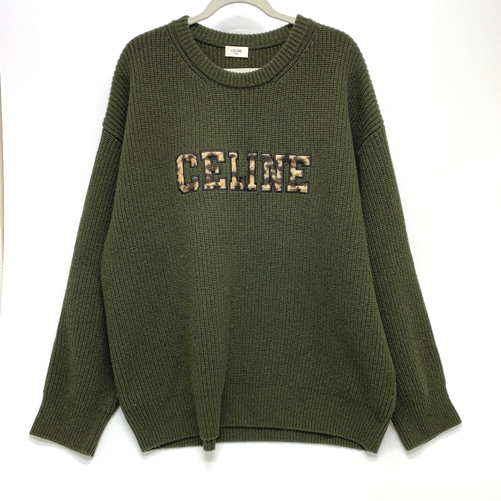 セリーヌ CELINE レオパード 豹 ヒョウ柄 2AB97 ロゴ リブ網み ニット トレーナー トップス アパレル セーター ウール カーキ 美品