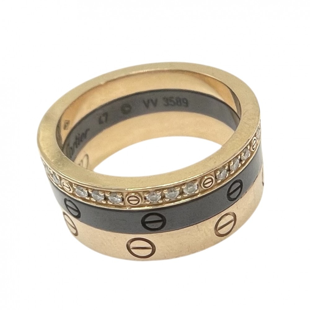 CARTIER カルティエ 指輪 ラブリング 三連 ジュエリー アクセサリー 18金PG 750 ビス サイズ47 スリーフープ K18ピンクゴールド  セラミック   約7号 ゴールド ブラウン 茶 レディース 約7.1g【中古品】