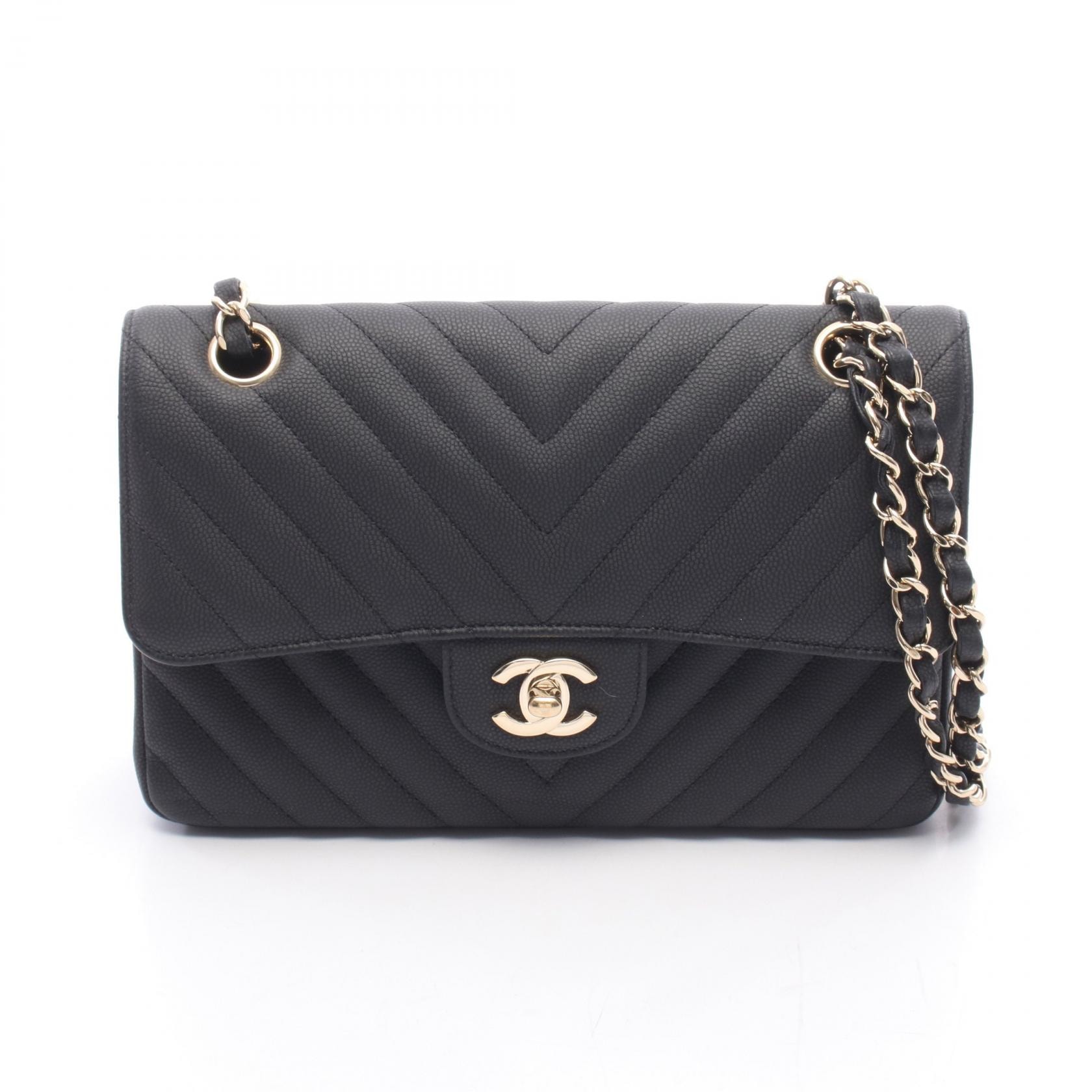 シャネル CHANEL シェブロン Vステッチ Wフラップ ショルダーバッグ バッグ キャビアスキン(グレインドカーフ) レディース ブラック系 A01113 【中古】