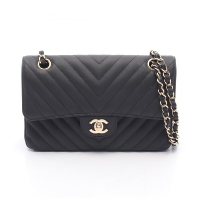シャネル CHANEL シェブロン Vステッチ Wフラップ ショルダーバッグ バッグ キャビアスキン(グレインドカーフ) レディース ブラック系 A01113 【中古】
