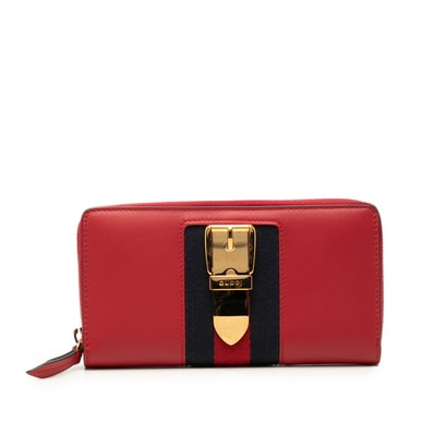 グッチ シルヴィ シェリーライン 長財布 ラウンドファスナー 476083 レッド ネイビー レザー レディース GUCCI 【中古】