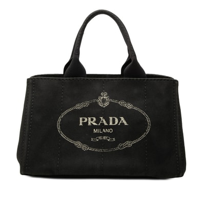 プラダ 三角ロゴプレート カナパ ミディアム ハンドバッグ トートバッグ ブラック キャンバス レディース PRADA 【中古】