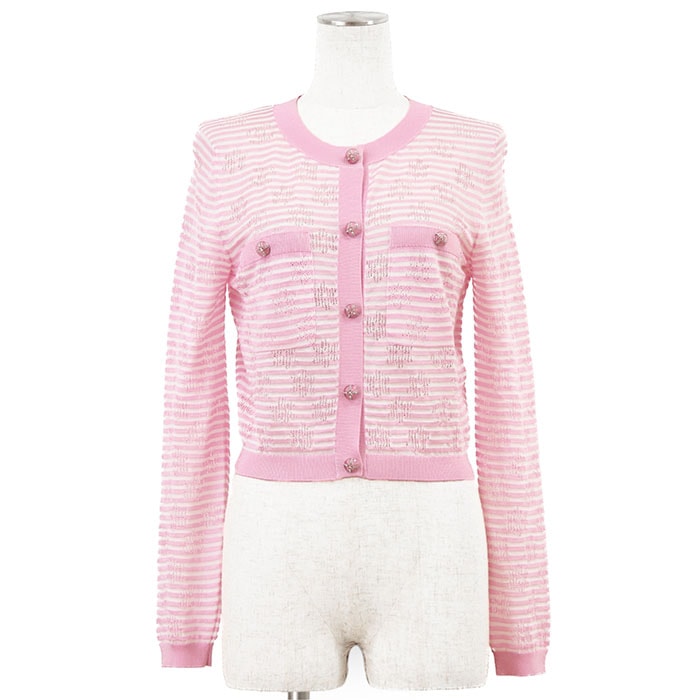 【未使用】CHANEL シャネル ニット カーディガン ボーダー サイズ 36 レディース P76591 2024SS COCOマーク ロゴ ラインストーンボタン ロングスリーブ 長袖 ストレッチ トップス ピンク ホワイト 白 桃色 伊製