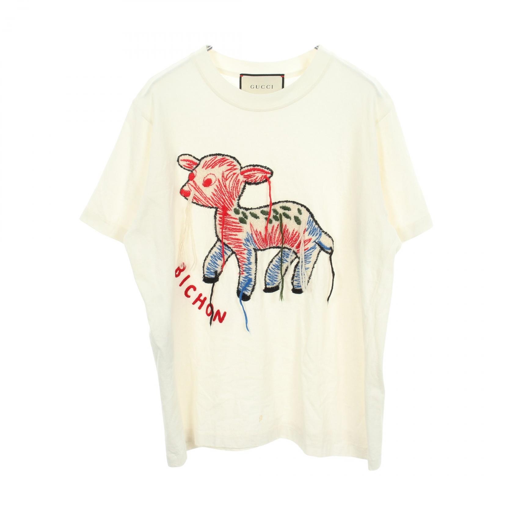 グッチ GUCCI BICHON 刺繍 半袖Tシャツ 衣料品 トップス コットン レディース ホワイト系 / マルチカラー 580762 【中古】
