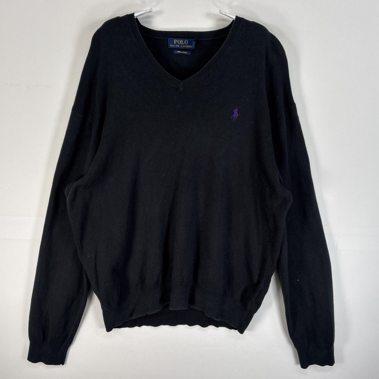 古着 ポロ・ラルフローレン POLO RALPH LAUREN 長袖 セーター ロゴ 刺繍 Vネック L  ブラック 無地 メンズ