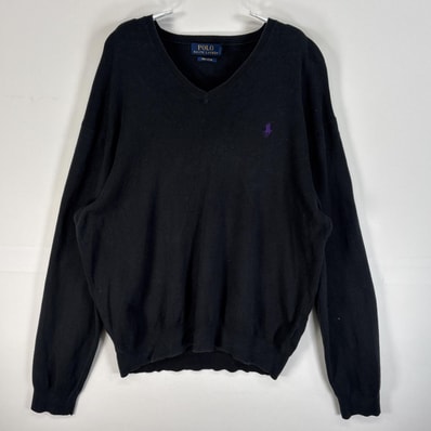 古着 ポロ・ラルフローレン POLO RALPH LAUREN 長袖 セーター ロゴ 刺繍 Vネック L ブラック 無地 メンズ