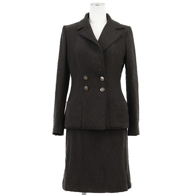 【美品】CHANEL シャネル ヴィンテージ セットアップ サイズ 38 レディース 97C P08914 ジャケット スカート ツイード テーラード ダブルブレスト ロゴ COCOマークボタン Aライン チャコール フランス製 カール・ラガーフェルド期