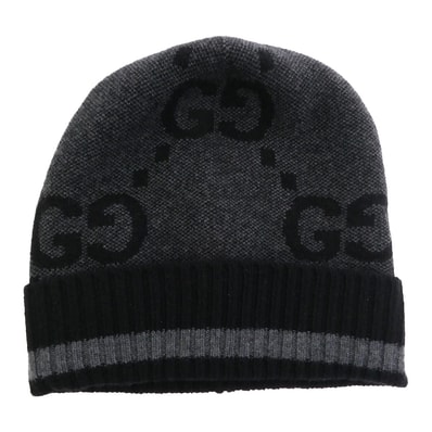 GUCCI グッチ ニットキャップ 676827 4GABX GGロゴ カシミヤ ニット キャップ 帽子 ブラック系 グレー系 M 58【美品】【中古】