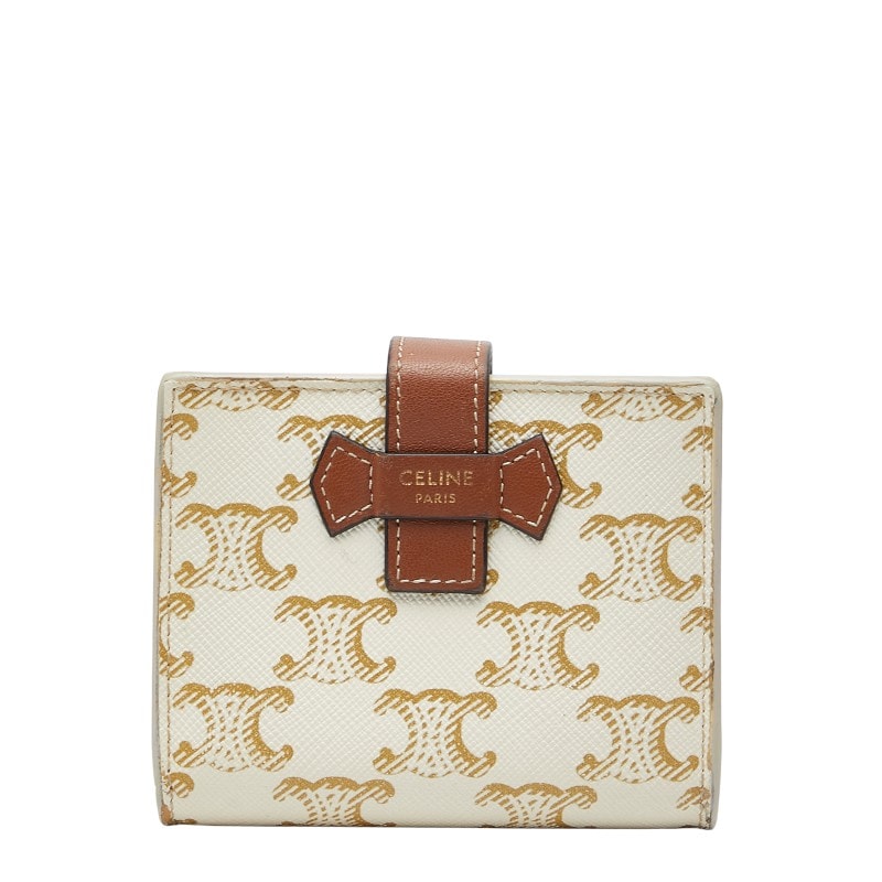 セリーヌ トリオンフ スモール ストラップウォレット 二つ折り財布 アイボリー ブラウン PVC レザー レディース CELINE 【中古】