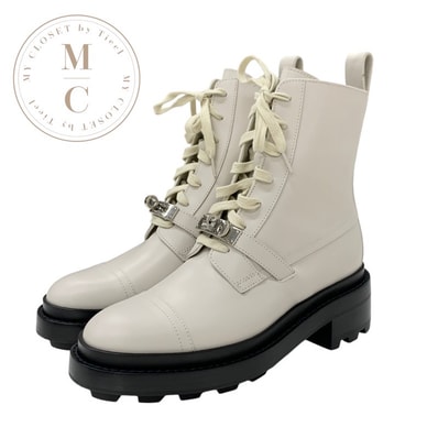 エルメス HERMES ファンク ブーツ ショートブーツ 靴 シューズ レザー アイボリー シルバー ケリー金具 レースアップ