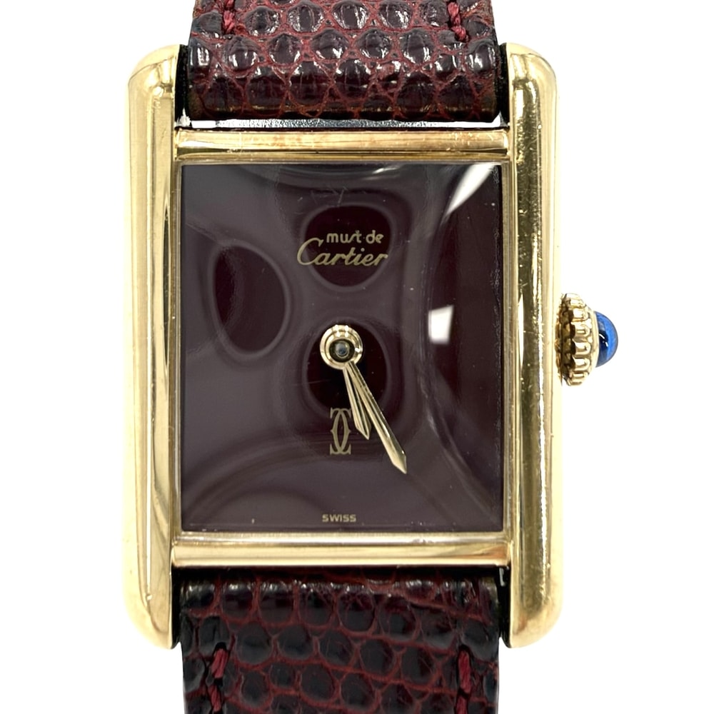 CARTIER カルティエ 腕時計 マストタンク ヴェルメイユ ウォッチ MT Cal.78-1 手巻き リザード シルバー925 ボルドー系 ゴールド レディース【中古品】