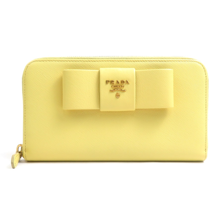 プラダ PRADA ラウンドファスナー長財布 レザー イエロー レディース【中古】 r11329a