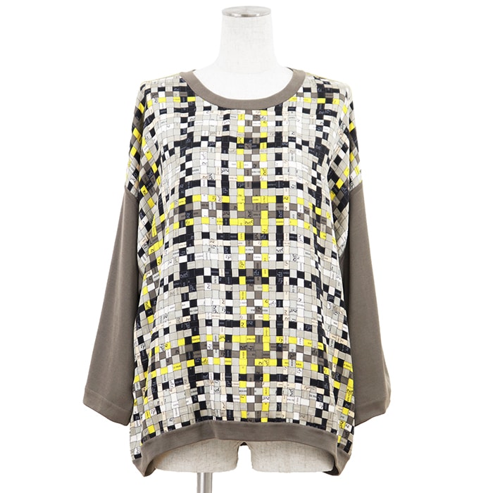 SALE【美品】HERMES エルメス ボルデュックニットトップス サイズ 42 レディース 2019AW ツイルレーヌ ロゴ シルク100% リラックスフィット プルオーバー クルーネック 丸首 グレージュ 灰色 フランス製