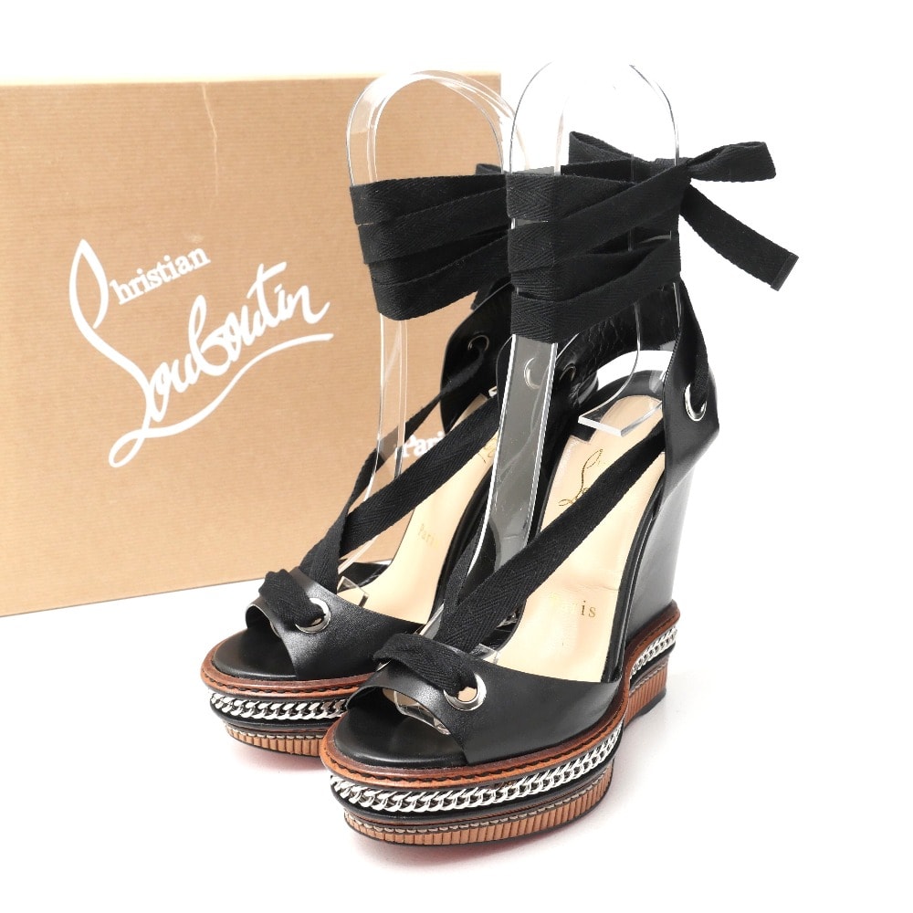 Christian Louboutin クリスチャンルブタン TRIBULI 140 サンダル サイズ35 SHINY CALF プラットフォ―ム レースアップ チェーン レザー 靴 イタリア製 ブランド古着【中古】20250516/RA4800