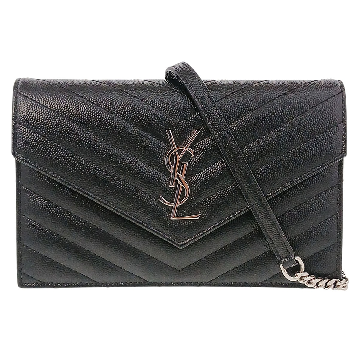 【値下げ】 YVES SAINT LAURENT イヴ・サンローラン カサンドラ エンベロープ チェーンウォレット 長財布 742920 レザー ブラック  レディース【中古】