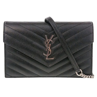 【値下げ】 YVES SAINT LAURENT イヴ・サンローラン カサンドラ エンベロープ チェーンウォレット 長財布 742920 レザー ブラック レディース【中古】