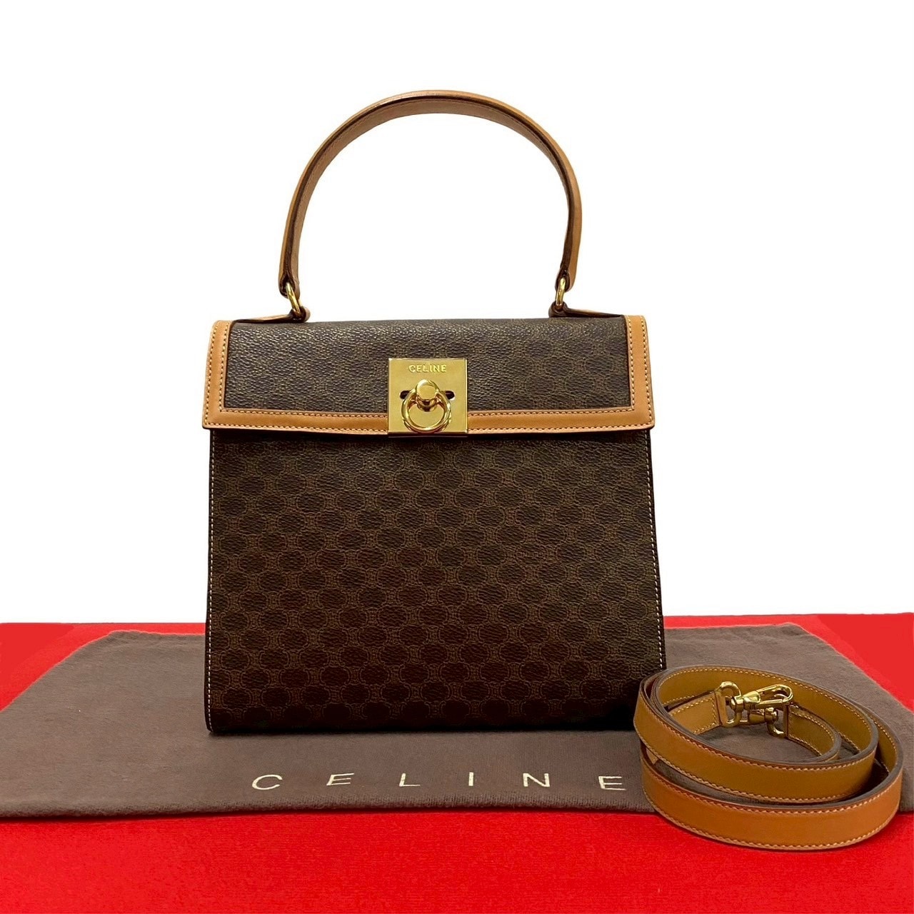 CELINE セリーヌ マカダム ブラゾン 柄 ロゴ リング 金具 レザー PVC ショルダーバッグ ブラウン
 51012