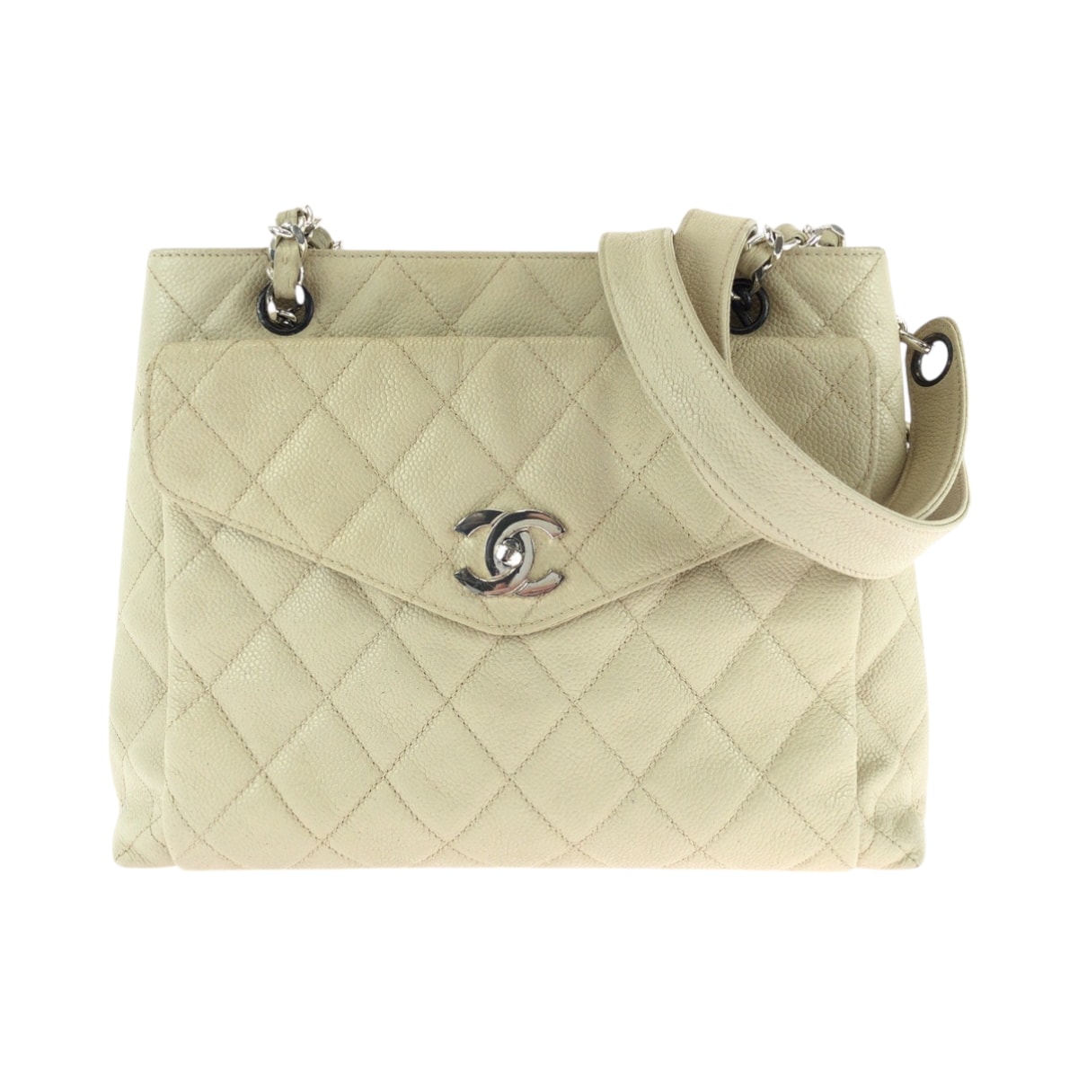 CHANEL シャネル ヴィンテージ マトラッセ ココマーク ターンロック アイボリー シルバー金具 レザー チェーンショルダーバッグ 505958 【中古】