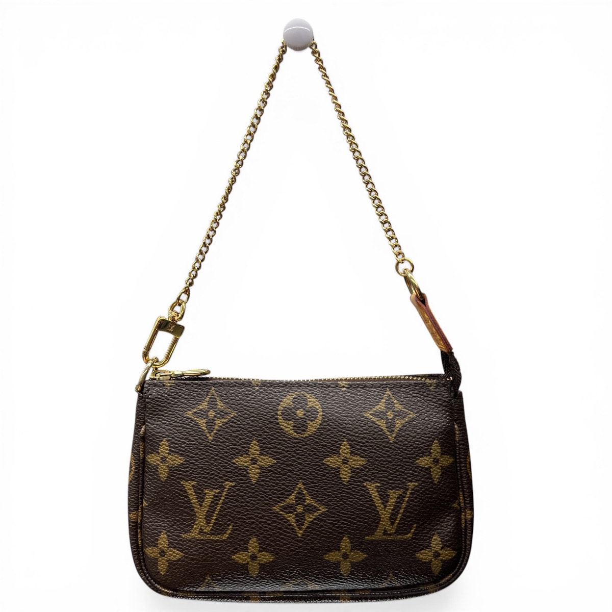 LOUIS VUITTON 美品 ルイヴィトン ミニ ポシェット アクセソワール モノグラム ハンドバッグ M58009 PVC ヌメ革 レザー DU3190 ブラウン アクセサリーポーチ ポシェット チェーン LV ABランク 中古 鑑定済 ヴィトンバッグ