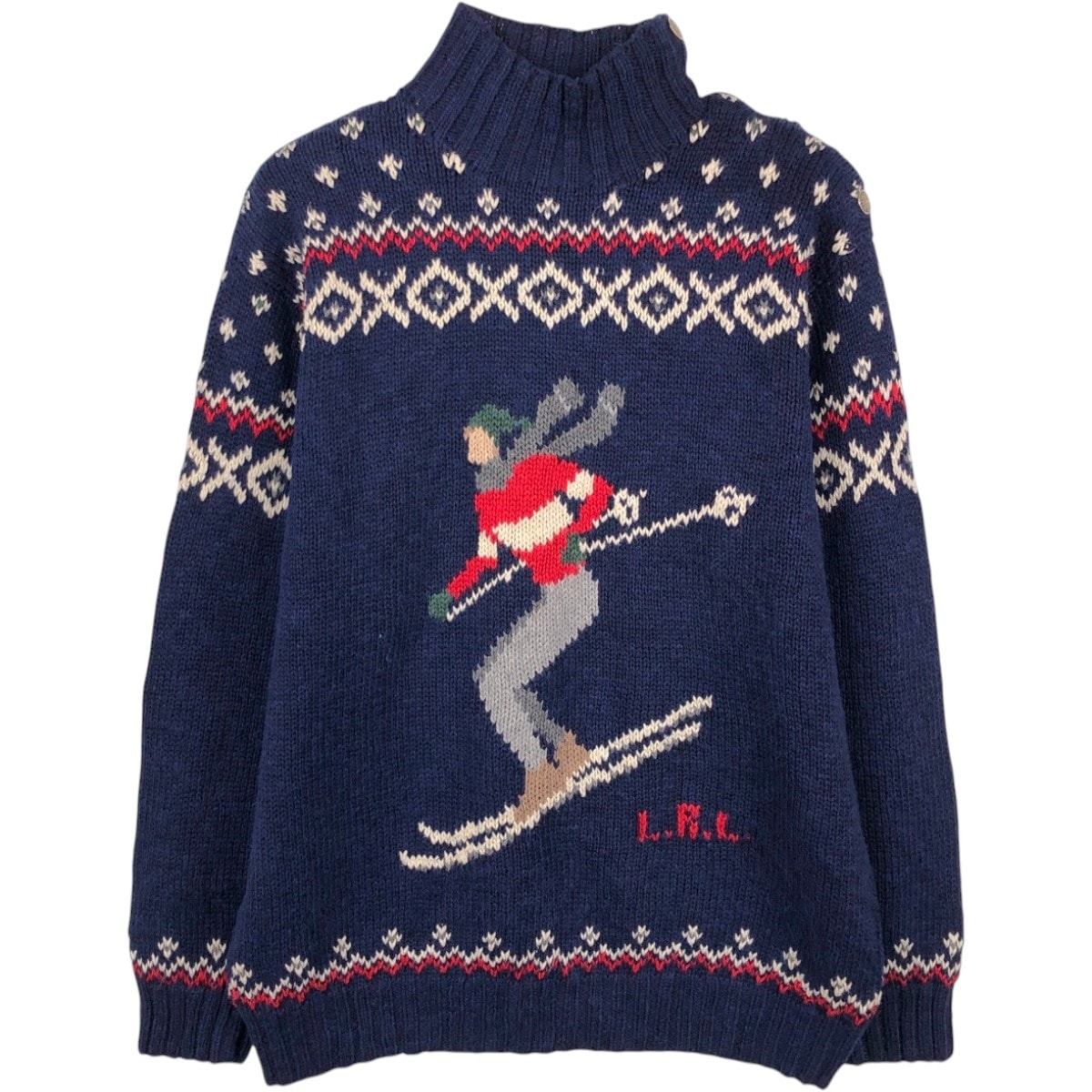 古着 ラルフローレン Ralph Lauren LAUREN ローレン 総柄 スキー柄 ハイネック ショルダーボタン リネンニットセーター レディースM相当/evb035883