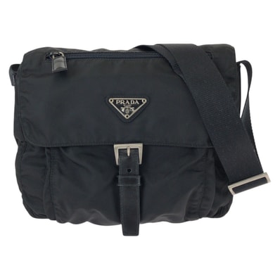 美品 PRADA プラダ テスート 三角ロゴプレート ブラック 黒 シルバー金具 ナイロン レザー/ ショルダーバッグ メッセンジャーバッグ 603795 【中古】