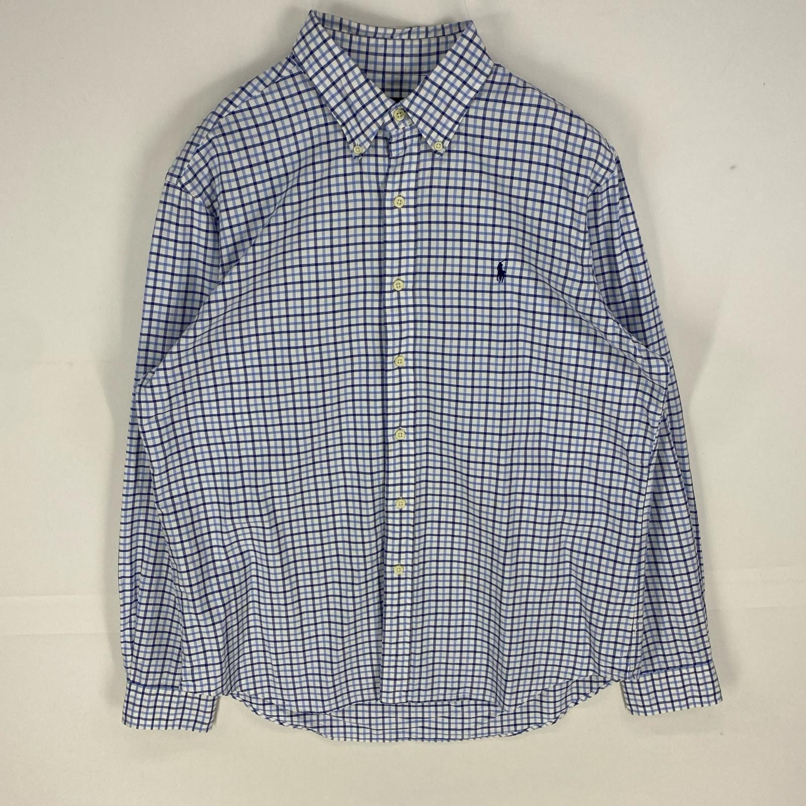 古着 ラルフローレン RALPH LAUREN 長袖シャツ ボタンダウン ワンポイント ロゴ刺繍 ロングスリーブ L  ネイビー系 チェック メンズ