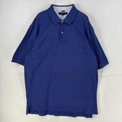 古着 トミーヒルフィガー TOMMY HILFIGER ポロシャツ ワンポイント ロゴ 鹿子 半袖 大きいサイズ 2XL ネイビー メンズ