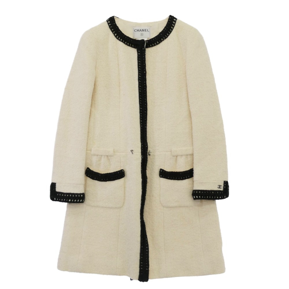 CHANEL シャネル ワンピース P16295V08789 ココマーク付き ノーカラー モヘア混 ツイード ワンピース オフホワイト系 40【中古】