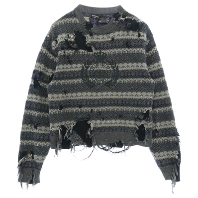 BALENCIAGA バレンシアガ 21AW 663872 ロゴ刺繍 デストロイ クルーネック ダメージニット ブラック系 グレー系 マルチカラー系 M【中古】