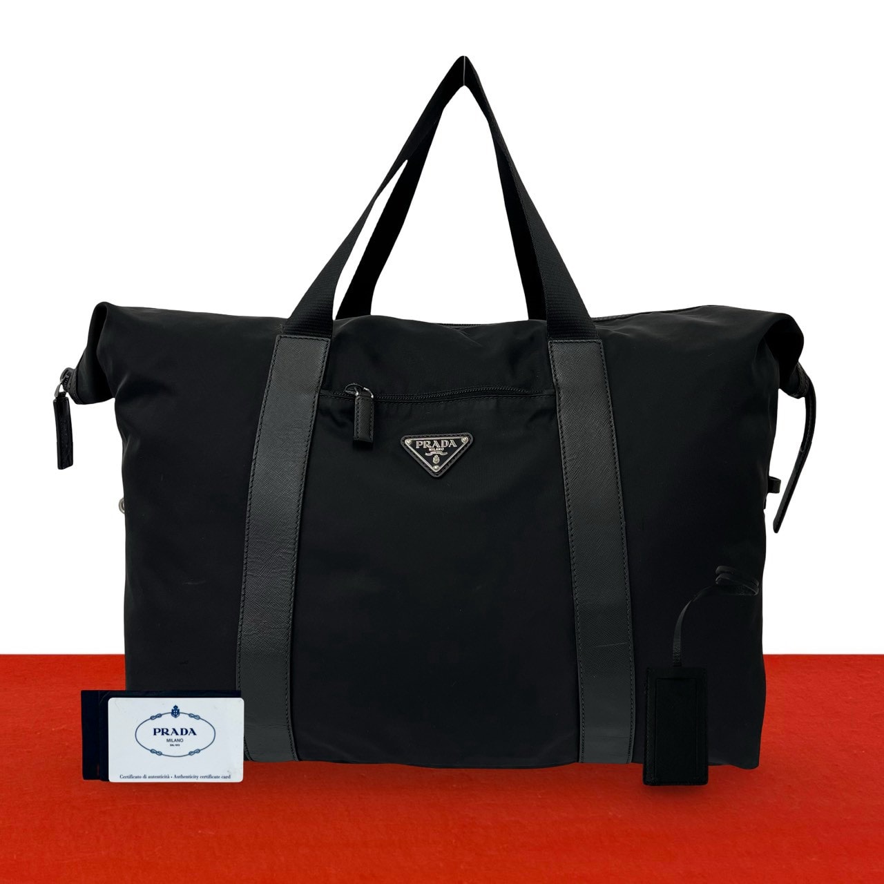 PRADA プラダ 三角ロゴ 金具 ナイロン レザー ボストンバッグ ブラック
 86602