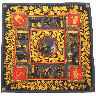 ■美品■HERMES エルメス MUSIQUE DES DIEUX 神々の音楽 スカーフ カレ90 総柄 総シルク ストール マフラー ブランド古着【中古】20251119/RA6689