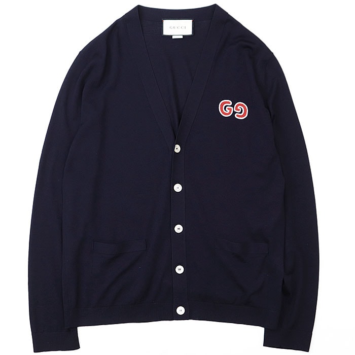 【極美品】GUCCI グッチ カーディガン GG ロゴ 刺繍 エンブロイダリー ボタン ウール100% ニット ハイゲージ Vネック ロングスリーブ 長袖 トップス メンズ サイズ Ｌ ネイビー 紺 イタリア製