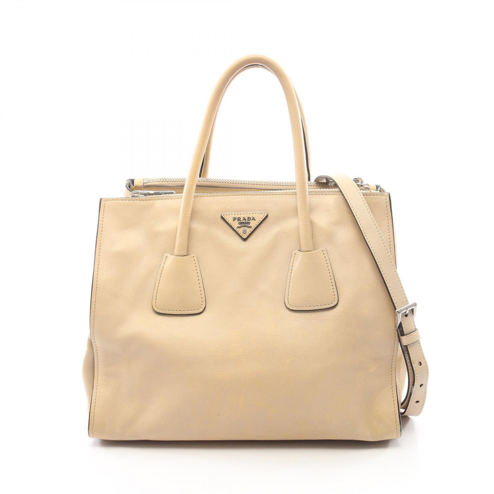 プラダ PRADA トライアングルロゴ 2WAY トートバッグ バッグ レザー レディース ベージュ系 【中古】