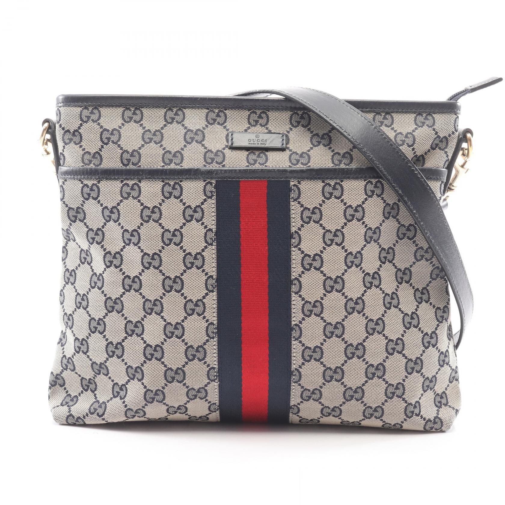 グッチ GUCCI シェリーライン GGキャンバス ショルダーバッグ バッグ キャンバス レザー レディース ベージュ系 / ネイビー系 388926 【中古】