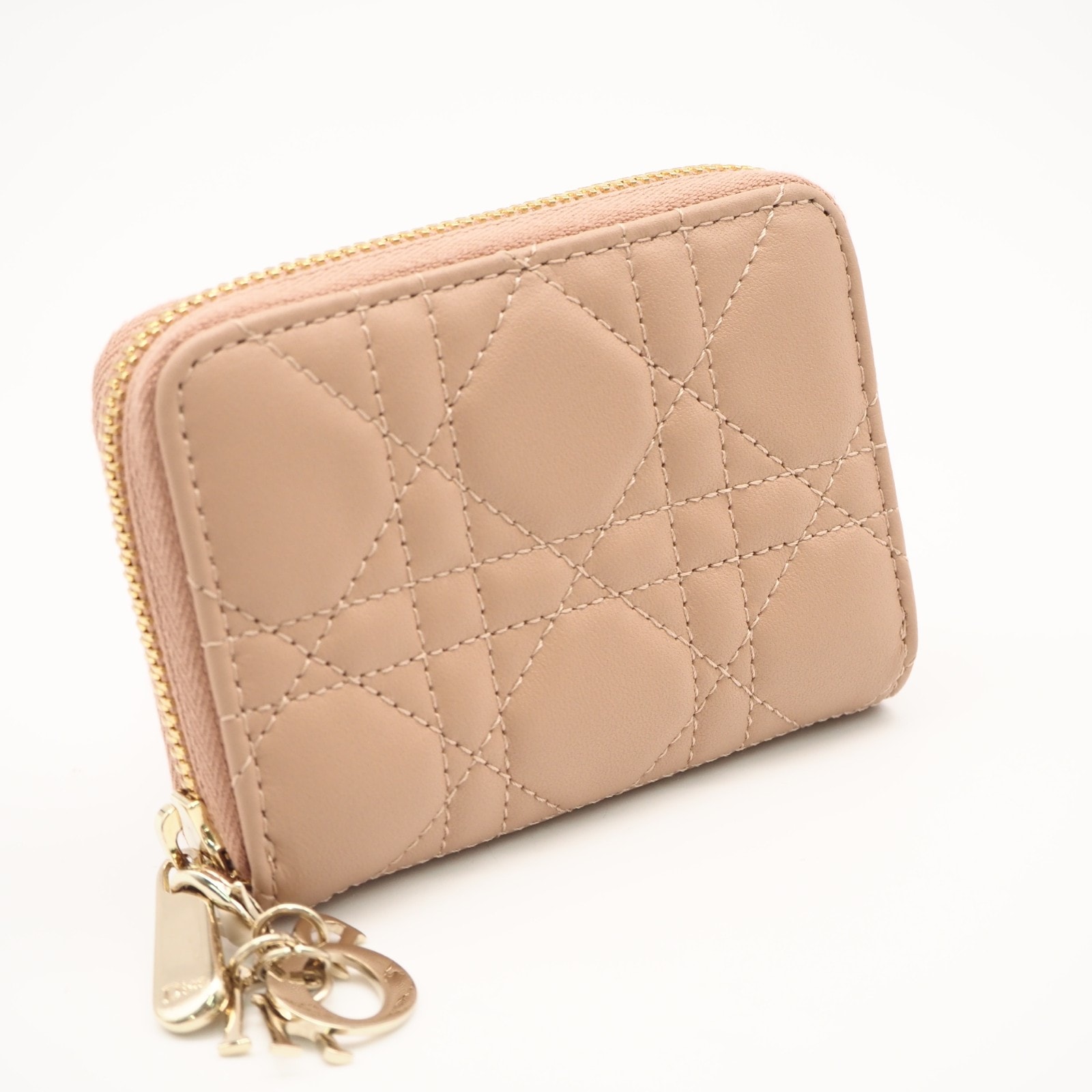 極美品 Christian Dior クリスチャンディオール カナージュ ラムスキン Lady Dior Scarlet ウォレット S6035ONMJ コインケース ピンクベージュ ラムスキン レディース