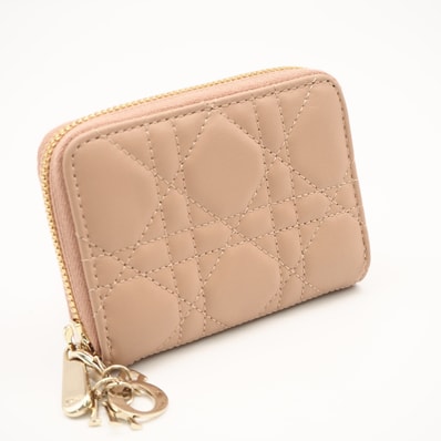 極美品 Christian Dior クリスチャンディオール カナージュ ラムスキン Lady Dior Scarlet ウォレット S6035ONMJ コインケース ピンクベージュ ラムスキン レディース