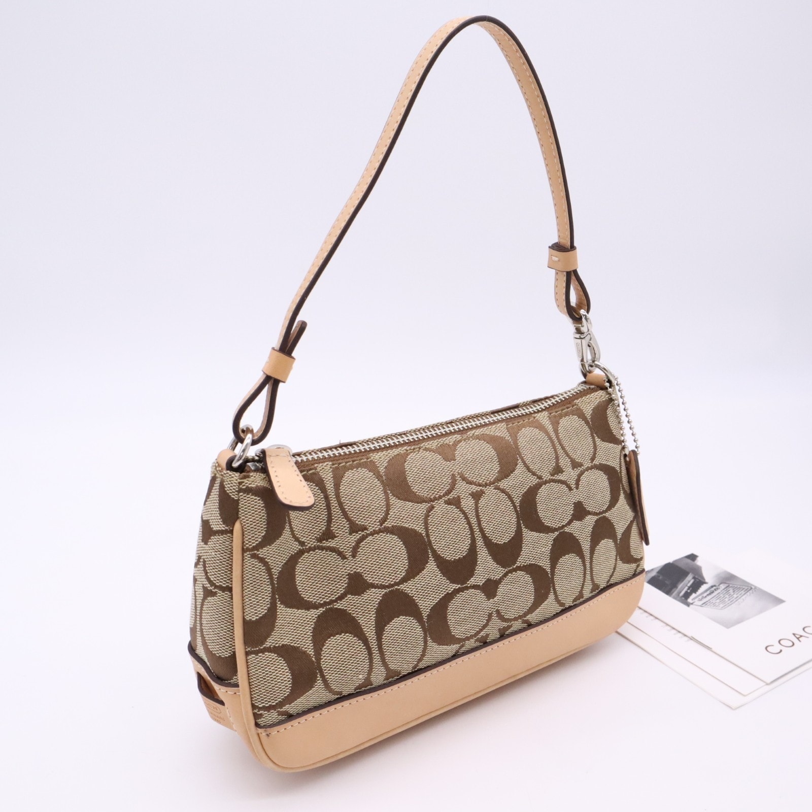 美品 COACH コーチ キャンバス シグネチャー デミポーチ 6094 ハンドバッグ ベージュ ブラウン キャンバス レザー レディース