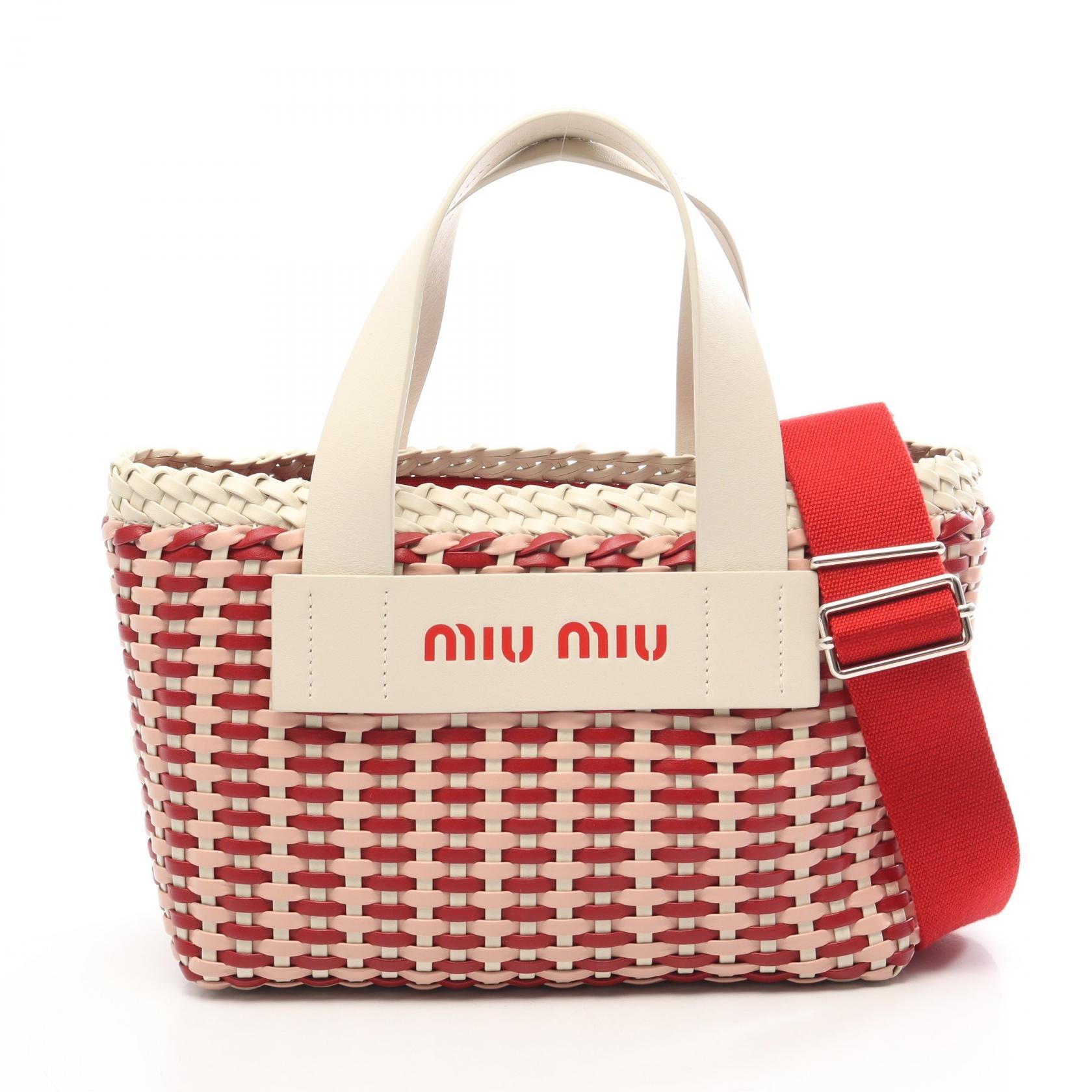 ミュウ ミュウ Miu Miu INTRECCIO 2WAY ハンドバッグ バッグ レザー レディース レッド系 / ホワイト系 / ピンク系 5BA077 【中古】