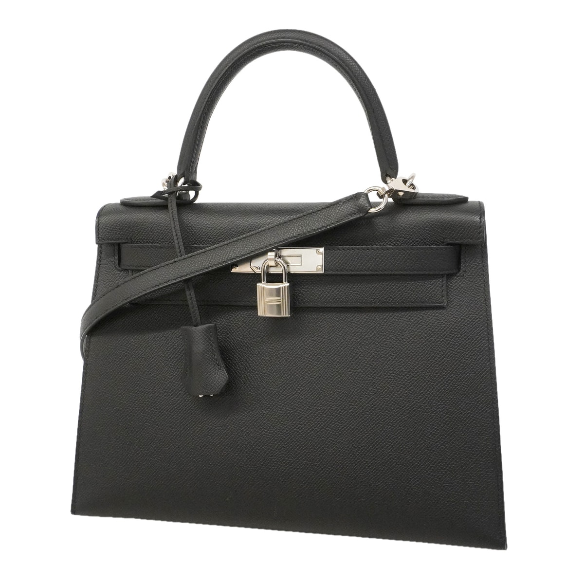 ★SALE【6hd3258-g】エルメス ハンドバッグ ケリー28 ヴォーエプソン ブラック シルバー金具 U刻印 2wayバッグ【中古】レディース