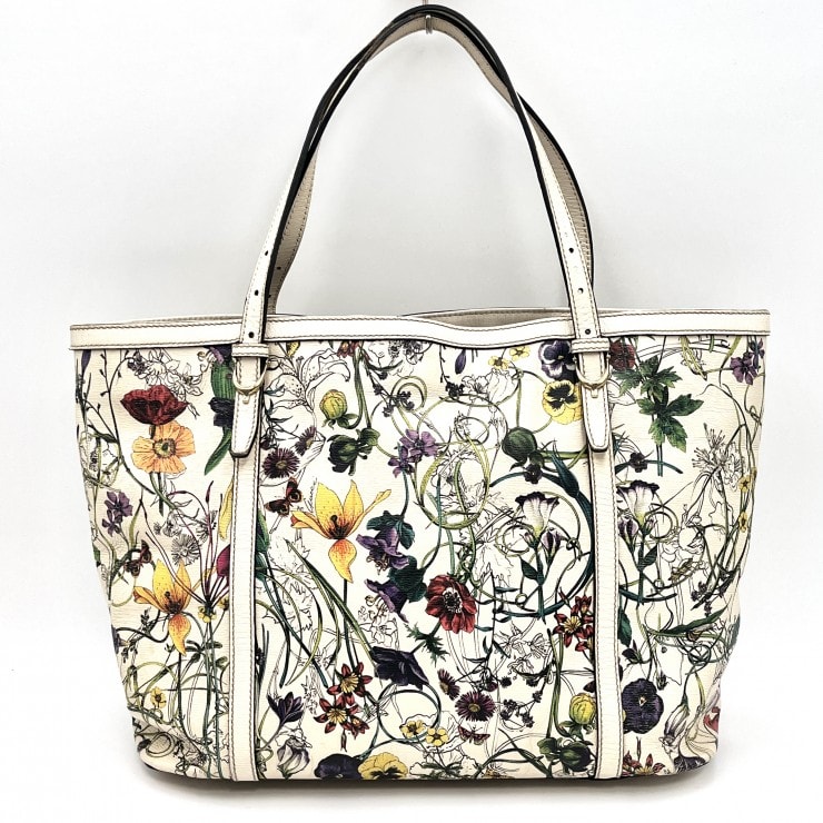 GUCCI(グッチ)フローラ トートバッグ ボタニカル フラワープリント レザー アイボリー系 ゴールド金具 レディース【中古】