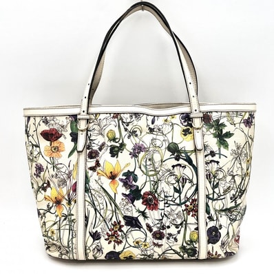 GUCCI(グッチ)フローラ トートバッグ ボタニカル フラワープリント レザー アイボリー系 ゴールド金具 レディース【中古】