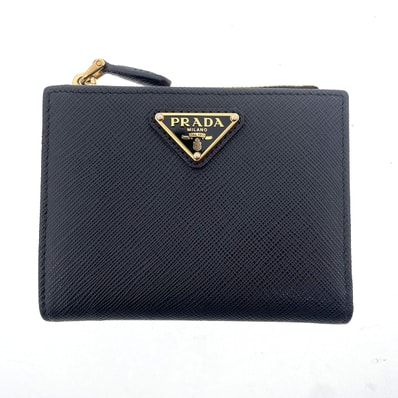 【値下げ】PRADA プラダ サフィアーノ トライアングル 財布 二つ折り財布 1ML050 レザー ブラック ゴールド金具 レディース【中古】