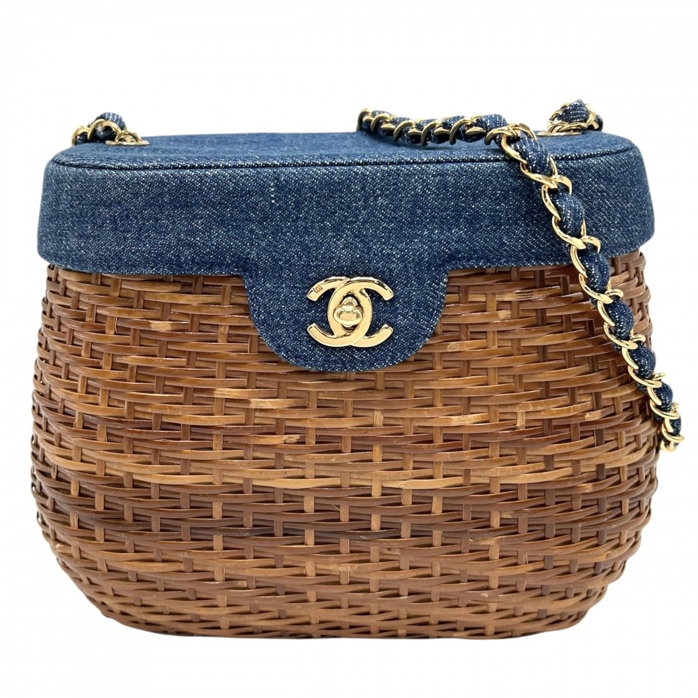 CHANEL シャネル ショルダーバッグ かごバッグ チェーンショルダー 肩掛け 斜め掛け ココマーク ターンロック ストロー  デニム   ブラウン 茶 インディゴ ゴールド金具 レディース【中古品】