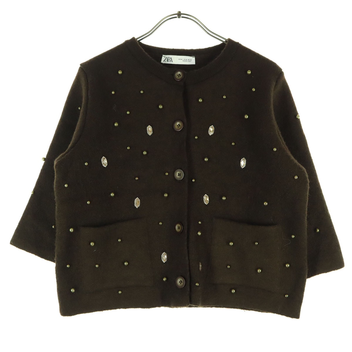 美品 ZARA ザラ 長袖 丸襟 ビジュー カーディガン M ダークブラウン