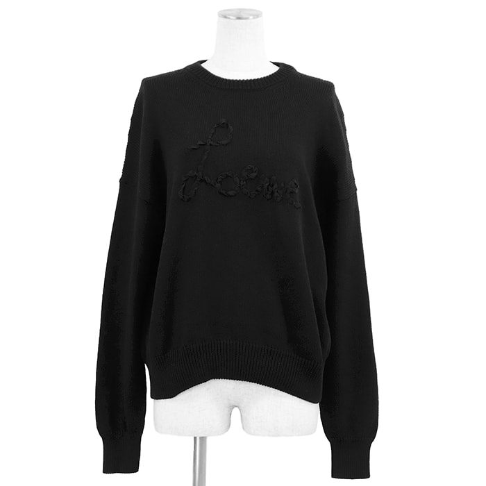 【美品】LOEWE ロエベ ニット サイズ XS レディース リボン ロゴ コットン100% セーター トップス ブラック 黒 イタリア製