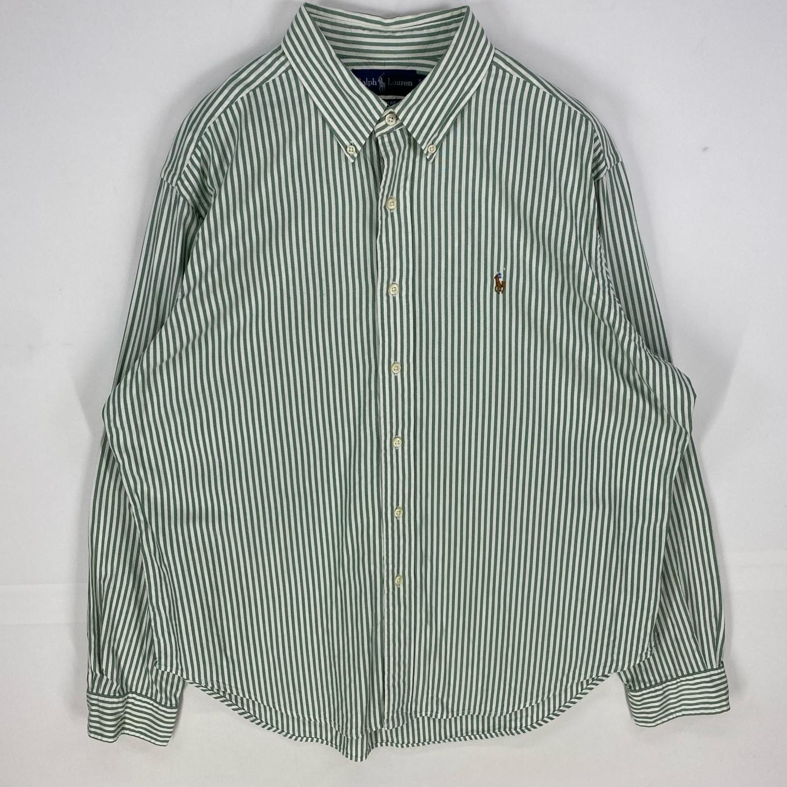 古着 ラルフローレン RALPH LAUREN 長袖シャツ ボタンダウン ワンポイント 大きいサイズ XL グリーン系 ストライプ メンズ