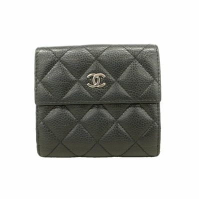 【6id6137】シャネル 財布 マトラッセ キャビアスキン ブラック シルバー金具【中古】レディース