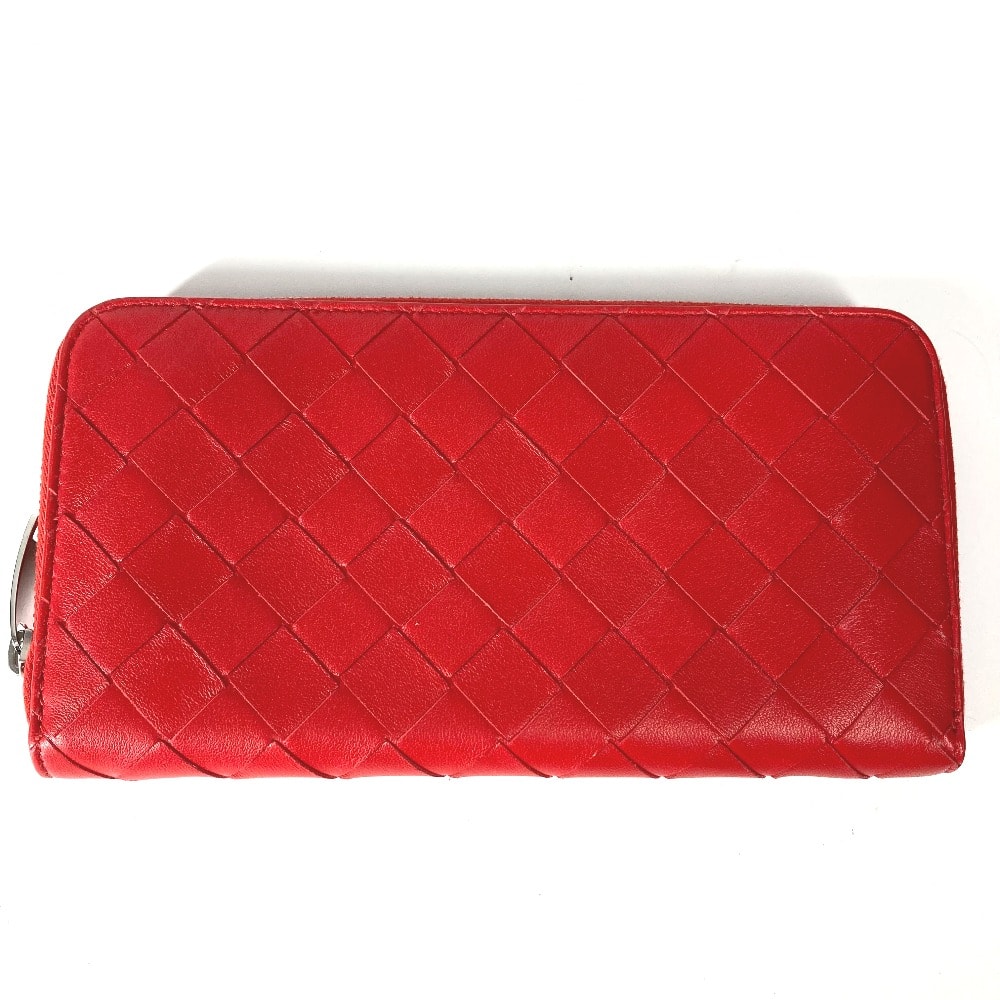 ボッテガヴェネタ BOTTEGA VENETA イントレチャート 593217 ロングウォレット ラウンドファスナー 長財布 レザー レッド 美品